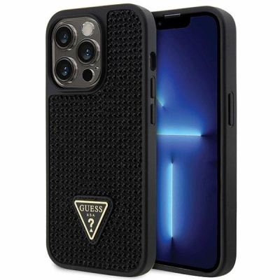 Kapak telefoni Guess Rhinestones Triangle Logo për iPhone 14 Pro, poliuretan i butë, i zi