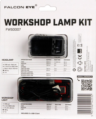Set llampë koke dhe pune MacTronic Falcon Eye FWS0007, 900 lm, USB‑C, e zezë