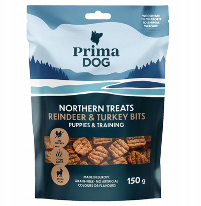 Shujtë për trajnim për këlyshë PrimaDog Bits, mish dreu dhe gjeli deti, 150g
