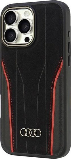 Kapak telefoni Audi Genuine Leather MagSafe për iPhone 16 Pro Max 6.9", lëkurë natyrale, i zi me të kuqe