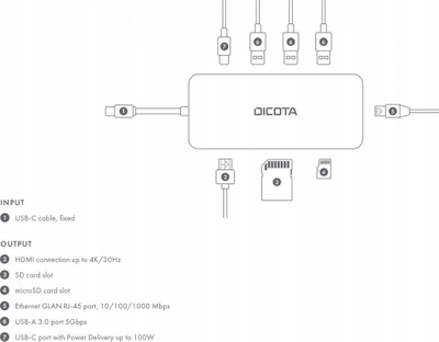 Hub USB Dicota USB C 8 in 1, 4K HDMI, PD 100W, gri