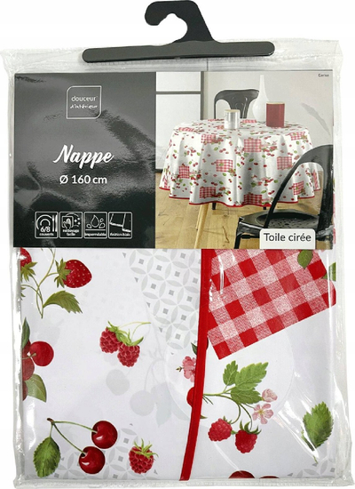 Mbulesë tryeze Douceur d'Intérieur Cerise, rrumbullake 160 cm, plastifikuar, e bardhë me qershi të kuqe