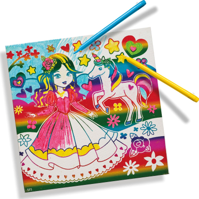 Set ngjyrosjeje SES Creative 01150 Metallic Colouring Canvas, kanavacë me princeshë dhe unikorn, me shkumsa me ngjyra, shumëngjyrësh