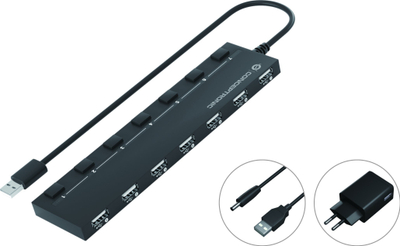 Hub USB Conceptronic HUBBIES08BP, 7 porta USB 2.0, me rrymë më vete, i zi