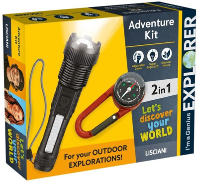 Set eksplorues për fëmijë Lisciani I’m a Genius Explorer Kit Adventure, elektrik dore LED, kompas me karabinë, shumëngjyrësh