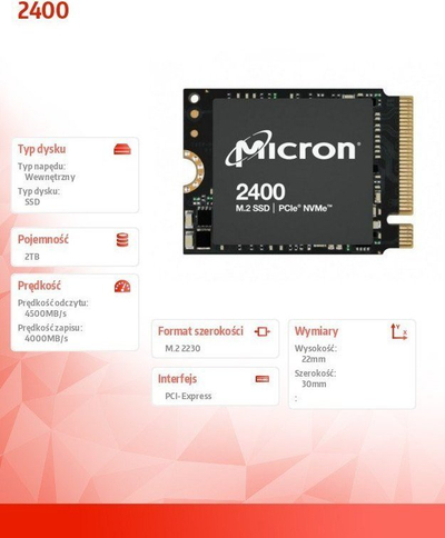 Disk SSD Micron 2400, 2TB, M.2 2230 PCI-E x4 Gen4 NVMe