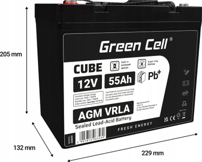 Bateri AGM Greencell 12V 55Ah, VRLA pa llafe mirëmbajtje, IP54, e zezë