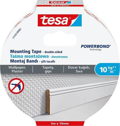 Shirit ngjitës Tesa Powerbond 77743, 5m x 19mm, për letër muri dhe suva, i bardhë