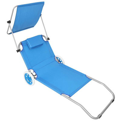 Shezlong plazhi palos me rrota, 112x62x90 cm, me tendë, blu