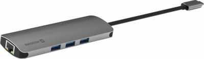 HUB USB C Swissten 8 in 1, HDMI 4K, LAN RJ45, gri alumini