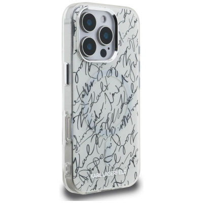 Kapak telefoni Karl Lagerfeld IML Karl Script Pattern, me MagSafe, për iPhone 16 Pro Max 6.9", i bardhë