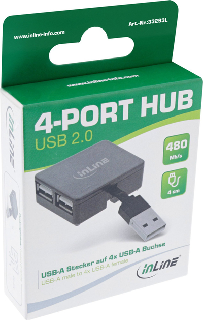 Hub USB InLine 2.0, 4 porta USB A, kabllo 4 cm, i zi