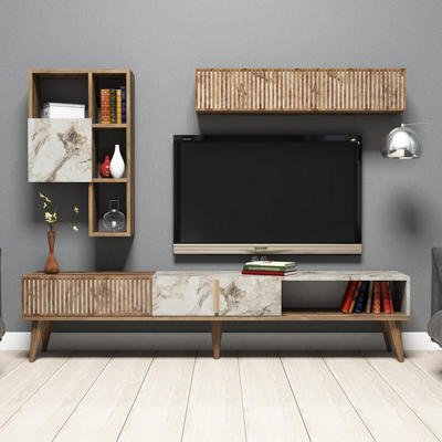 Komodinë TV Kalune Design Lilith, set me element muror, dru dekor mermeri, ngjyrë natyrale