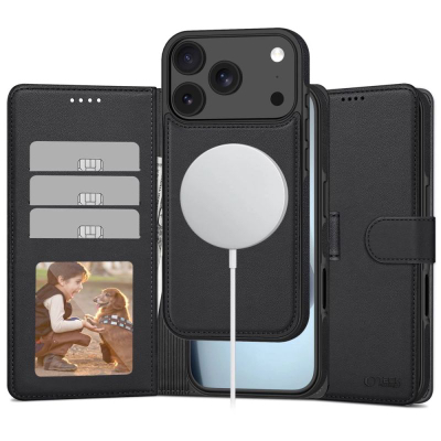 Këllëf-portofol Tech-Protect Wallet MagSafe për iPhone 17 Pro Max, me xhepa për karta, bëhet edhe si stand, i zi mat