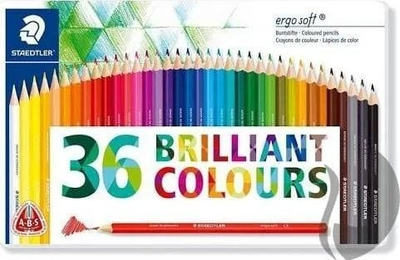 Lapsa me ngjyra STAEDTLER Ergosoft 157 M36, set 36 copë, kuti metalike, shumëngjyrëshe