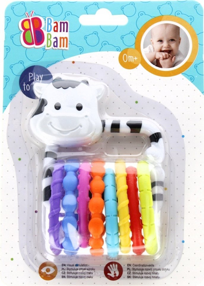 Играчка гушка BAM BAM Rattle Little Cow With Rings 515053, со прстен, во повеќе бои