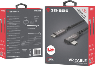 Kabllo USB-C Genesis VR, 5m, 10 Gb/s, PD 60W, e zezë