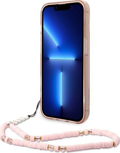 Mbështjellës telefoni Guess GUHCP14XHGCOHP për iPhone 14 Pro Max, hardcase TPU, me varëse perlë, rozë gjysmë transparente