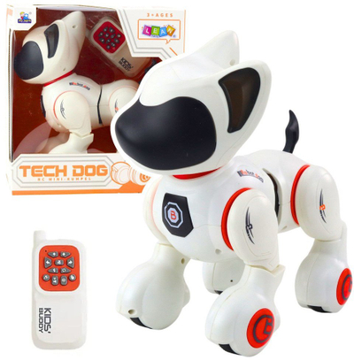 Lodër qen robotik LeanToys Tech Dog, telekomandë, dritë dhe tinguj, e bardhë portokalli