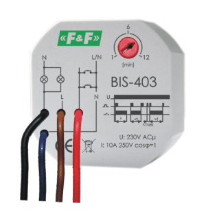 Rele impulsi F&amp;F BIS-403, 230V AC, 10A, kohë fikjeje 1-12 min