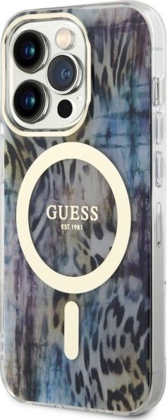 Kapak telefoni Guess GUHMP14LHLEOPWB për iPhone 14 Pro 6.1", MagSafe, leopard blu