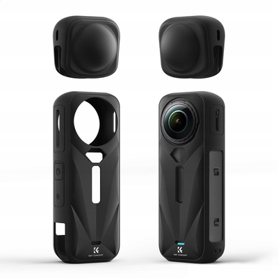 Kutë mbrojtëse silikoni K&amp;F Concept për Insta360 X5, me kapak lenteje, anë baterie e hapur, e zezë