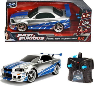 Makinë me telekomandë Jada Fast &amp; Furious Nissan Skyline GTR, shkallë 1:16, sportive, argjendtë me blu