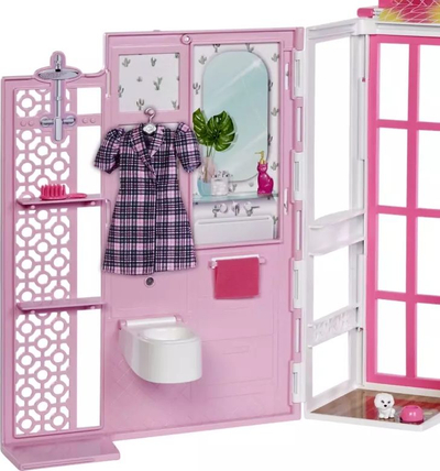 Shpi lodrash Barbie Dollhouse, 2 kate, me mobilje edhe aksesorë, rozë