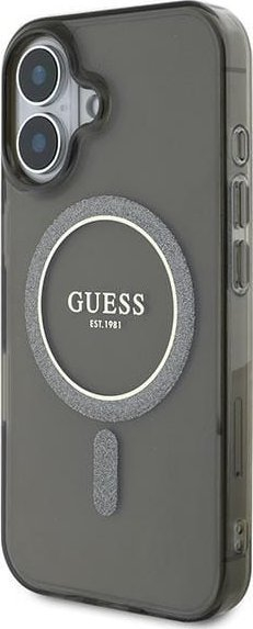 Këllëf telefoni Guess IML Glitter Circle me MagSafe për iPhone 16 6.1", transparent, i zi