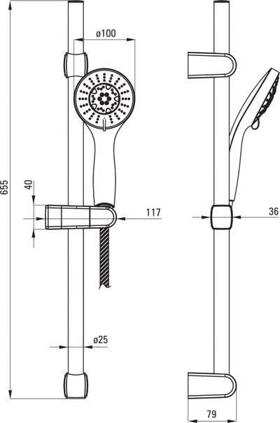 Set dushi me shufër rrëshqitëse Deante Aloe NGE_051K, shufër 65.5cm, kokë 100mm, krom