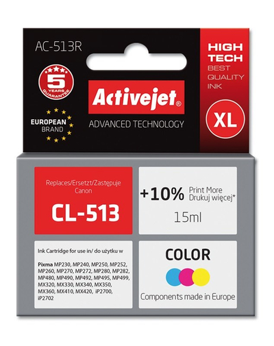 Ngjyrë për printer Activejet AC-513R (zëvendësim për Canon CL-513), 15 ml, e kaltër / vjollcë /  e verdhë