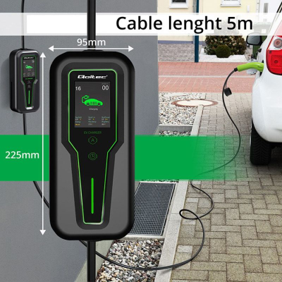 Karikues portativ për makinë elektrike Qoltec Mobile Charger 2in1, Type 2, me rregullim rryme, i zi me jeshile