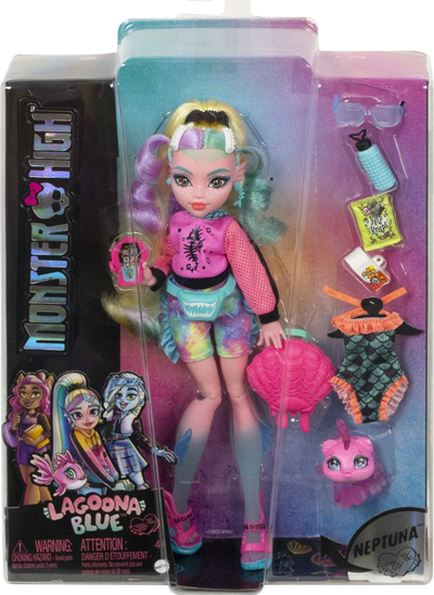 Kukull Monster High Lagoona Blue, set me gjëra shtesë, me peshkun Neptuna, shumëngjyrëshe