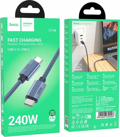 Kabllo karikimi HOCO, USB C në USB C, 240W PD 3.1, e zezë