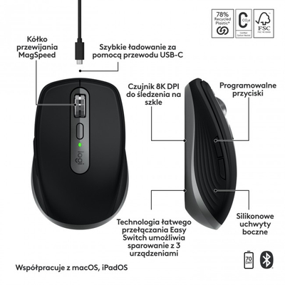 Maus Logitech MX Anywhere 3S for Mac, wireless, 8000 DPI, gri Space Gray