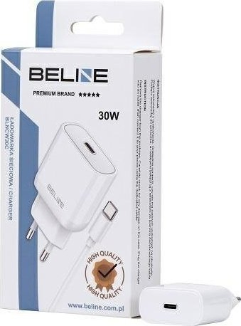 Karikues Beline BLNCB30 për prizë, 30W GaN, USB‑C PD, me kabllo USB‑C, i bardhë