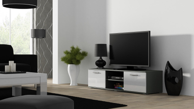 Komodë TV Bed Meble Soho 140, MDF, gri e bardhë me shkëlqim