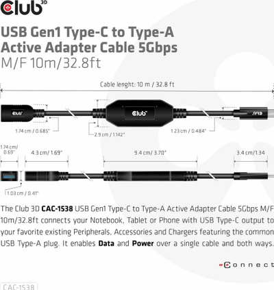 Kabllo USB Club 3D CAC-1538, USB-A me USB-C, 10 m, e zezë