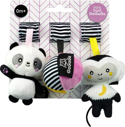 Set lodrash varëse pelushi GaGaGu, 3 copë, panda top majmun, bardh e zi me ngjyra
