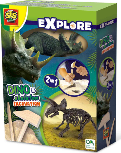 Set gërmimi dinosaurësh SES Creative 2 në 1 Triceratops, skelet dinosauri, për kalamaj