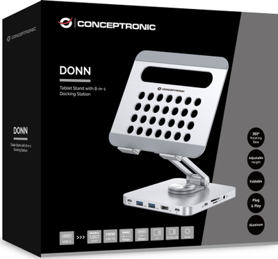 Qëndrim tableti LevelOne Conceptronic DONN26G, stacion docking 8 në 1, PD 100W, argjendtë