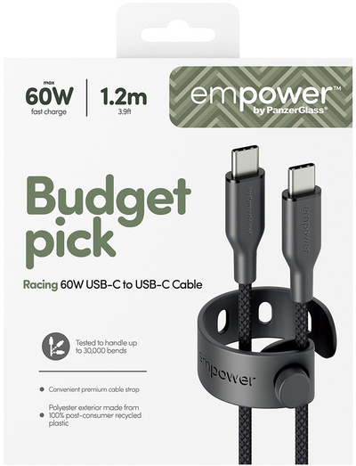 Kabllo karikimi PanzerGlass Empower by Racing, USB C në USB C, 60W, 1.2m, e zezë