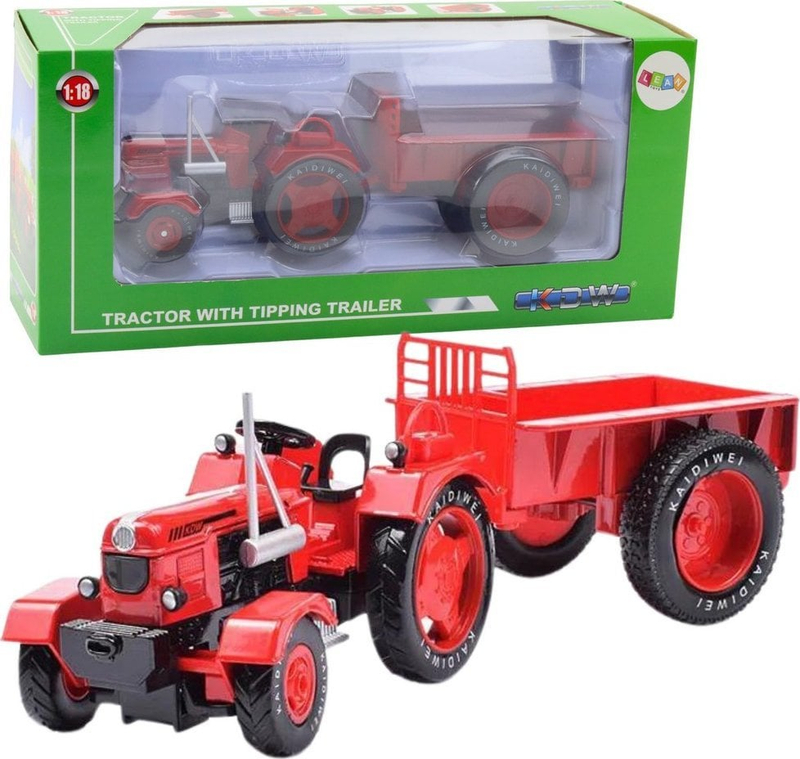 Lodër traktor metalik me rimorkio 1:18, e kuqe