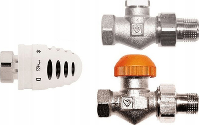 Set lidhës i drejtë për radiator Herz, 1/2", kokë termostatike, valvul furnizimi dhe kthimi