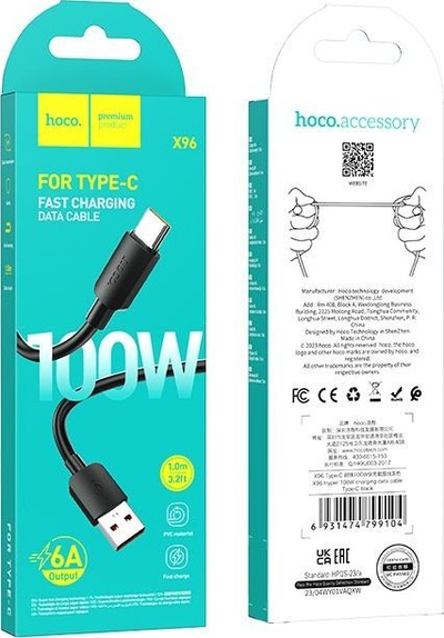 Kabllo USB në Type C Hoco X96 Hyper PD, 100W, 1m, i zi