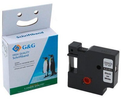 Rrip etiketa G&amp;G, 12 mm, 7 m, i bardhë me shkrim të zi