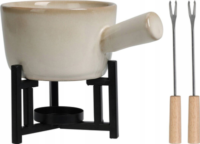 Set fondue për djathë, porcelan, 2 pirunë, bezhë