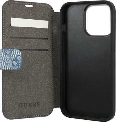 Këllëf telefoni Guess tip libër 4G me logo metal, për iPhone 13 Pro, blu