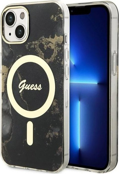 Mbrojtëse telefoni Guess Golden Marble MagSafe për iPhone 14, e zezë