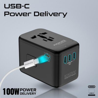 Karikues muri Promate TripMate GaN100, 100W, 4 porta USB C PD, shumëstandartesh